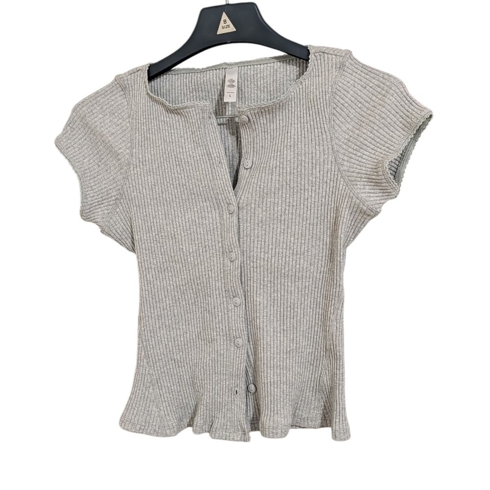 Bundle of 2 Ribbed Short Sleeve Cardigan Sweater Shirts White Gray Woman's L
